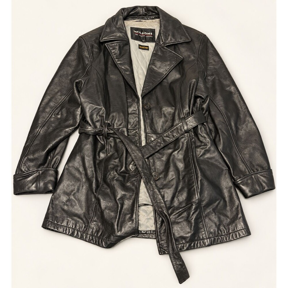 Wilsons Black Leather Belted Coat Thinsulate Ultra Size L